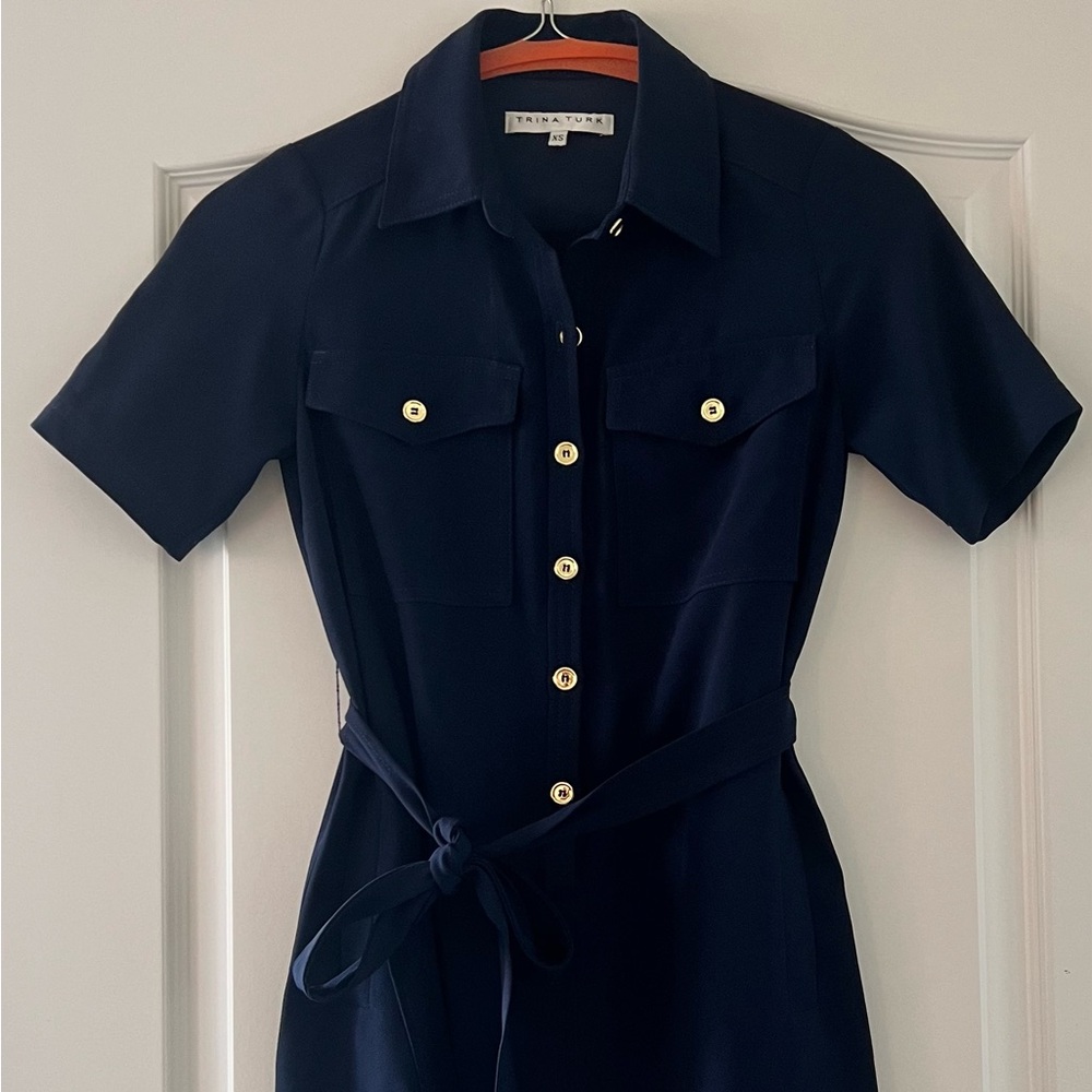 Navy Trina Turk shirt dress.